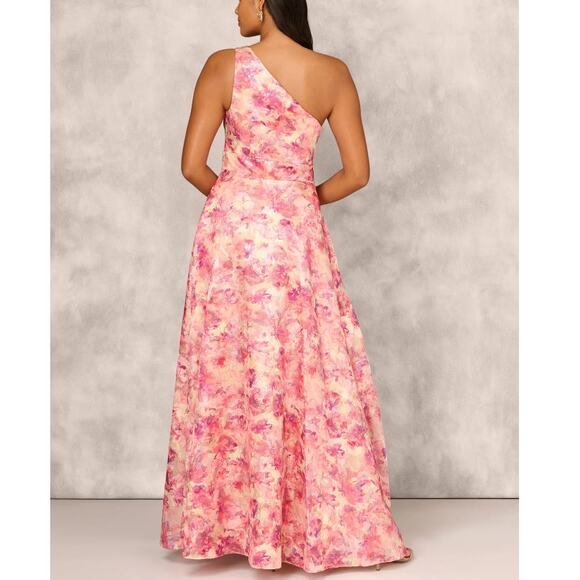 Aidan Mattox Red Multi Printed Jacquard One Shoulder Ball Gown Size 10 - Picture 2 of 12